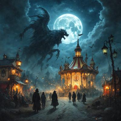 The primary subject of the image is a large, dark, and scary monster with sharp teeth, standing in the middle of a town. The setting is a nighttime scene with a moon in the sky, creating a mysterious and eerie atmosphere. The visual style is a digital art or illustration, with the monster being the main focus of the image. The colors and mood are predominantly dark and ominous, with the monster looming over the town and its inhabitants.